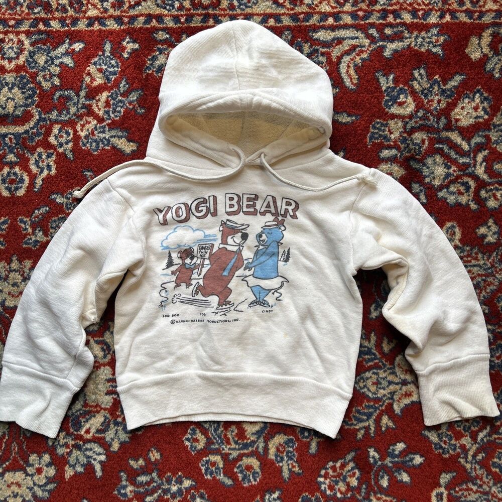 Vintage 70s Youth White Cotton Hoodie Sweatshirt 1970s True Vintage Yogi Bear 3T